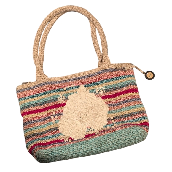 the sak, Multicolor Striped Crocheted Bag With Floral Embellishment On The Front - Picture 1 of 12